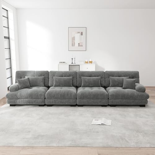 Rvjiahe 4-Sitzer Modulares Ecksofa mit Tiefensitz, Chenille Schlafsofa Komfortabel Gepolstert für Wohnzimmer, Apartment, Studio, Büro (Grau+4Sitz) von Rvjiahe