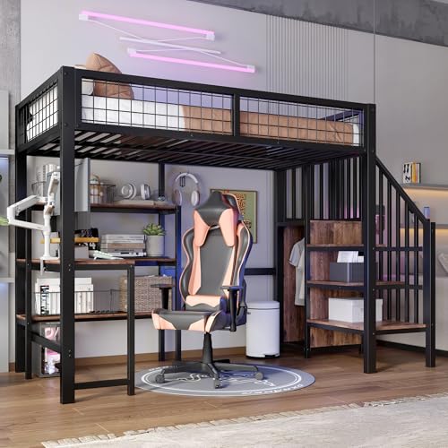Rvjiahe 90 * 200cm Hochbett, Eisenbett, Untertisch, mehrere Einlegeböden, ohne Matratze, Einbauschrank, schwarz (Black+Brown, 90cm×200cm) von Rvjiahe