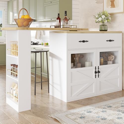 Ausziehbarer Bartisch mit Stauraum(138-204×39×104cm), 360° drehbare Essbar,Moderner Beweglicher Bar Table,Hochtisch Kücheninsel Bistro Table, Sideboardschrank mit Regalen(weiß) von Rvjiahe