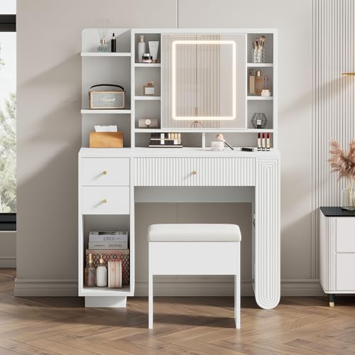 Rvjiahe Beleuchteter Schminktisch mit Spiegel & Hocker – Moderner Frisiertisch mit Einstellbarer Helligkeit, Schubladen & Offener Ablage, Weiß, 100×40×138 cm von Rvjiahe