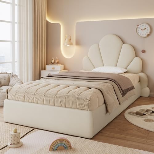Rvjiahe Einzelbett Polsterbett, Kopfteil mit geschwungenen Blütenblättern, einfach, stilvoll und bequem, Modernes Bettgestell, Samt, Beige (Beige, 90cm x200cm) von Rvjiahe