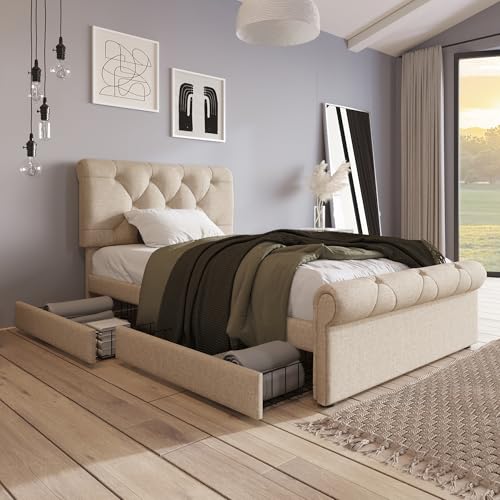 Rvjiahe Einzelbett Polsterbett 90x200cm, Bettgestell mit 2 Schubladen und Höhenverstellbarem Kopfteil, Chesterfield Funktionsbett, Natürlich(Ohne Matratze) (Beige, 90cmx200cm) von Rvjiahe
