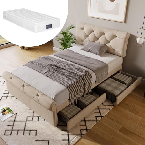 Rvjiahe Einzelbett Polsterbett 90x200cm, Bettgestell mit 2 Schubladen und Höhenverstellbarem Kopfteil, Chesterfield Funktionsbett, Natürlich (Beige, (mit Matratze) 90cmx200cm) von Rvjiahe