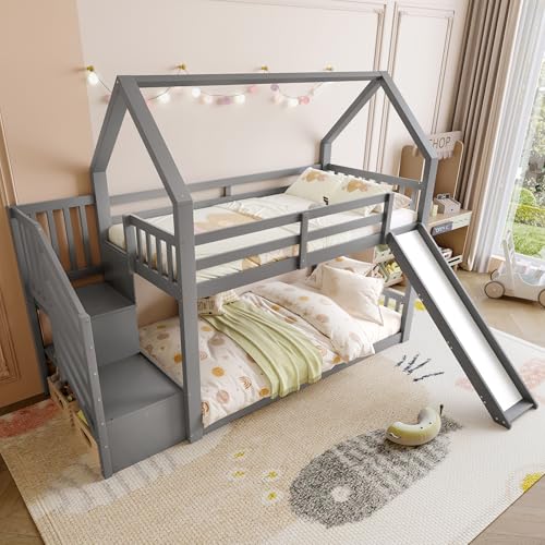 Rvjiahe Etagenbett mit Stauraum und Rutsche, Kinderbett mit Geländer, geeignet für Kinder, Jugendliche (ohne Matratze) (Grau, 90cm×200cm) von Rvjiahe