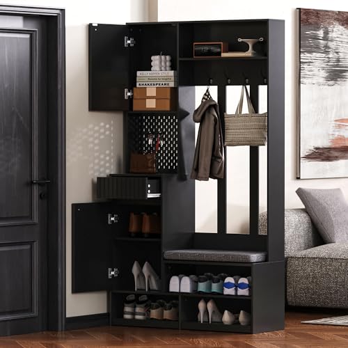 Rvjiahe Garderobenset, Komplett-Set Flurgarderobe mit Sitzbank, 4 Haken, Türen & Schubladen - Weiß, Kompaktmaße 100×180×35 cm (B×H×T) (Schwarz) von Rvjiahe
