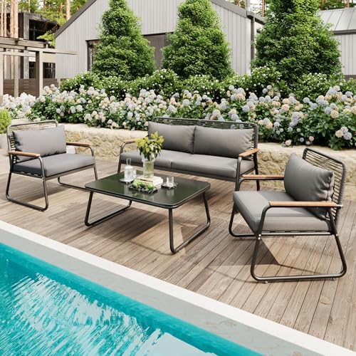 Rvjiahe Garten-Lounge-Set, Sofa-Tisch-Set für 4 Personen mit Gestell aus verzinktem Eisen, Tischplatte aus gehärtetem Glas, verstellbare Beine, inklusive Aller Sitz- und Rückenkissen, grau (grau) von Rvjiahe