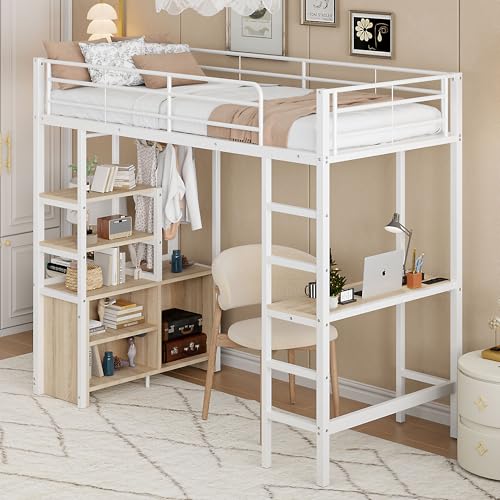 Rvjiahe Hochbett, 90 * 200cm, Ohne Matratze, Bett mit Schreibtisch, Mit Steckdose und USB, Mehrere Regale, Offener Lagerschrank, Geländer, Leiter, Eisenrahmen, Schwarz (White, 90cm×200cm) von Rvjiahe