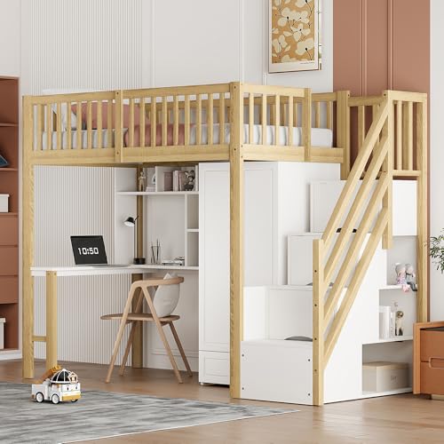 Rvjiahe Hochbett 90 x 200 mit großem Kleiderschrank Regal und Tisch, Stauraum Treppe Mehrzweckbetteinheit Holzbettgestell (Holzfarbe) von Rvjiahe