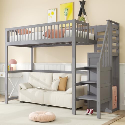 Rvjiahe Hochbett 90x200 mit Treppe, Kinderbett aus Holz mit Aufbewahrungsregal, einfacher Kleiderschrank Grau (Grau) von Rvjiahe