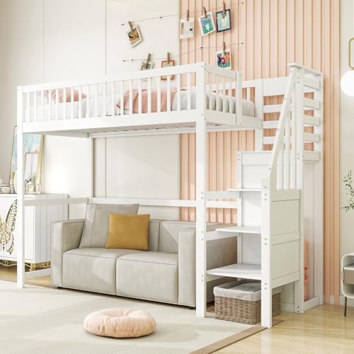 Rvjiahe Hochbett 90x200 mit Treppe, weißes Kinderbett aus Holz mit Aufbewahrungsregal, einfacher Kleiderschrank (Weiß) von Rvjiahe