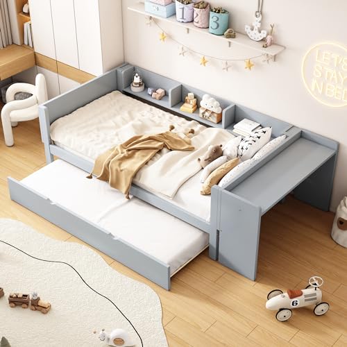 Rvjiahe Holzbett, mit Schreibtisch, mit Klappbett, Ausziehbett, Doppelbett (ohne Matratze), mit Regalen (Grau, 90cm×200cm) von Rvjiahe