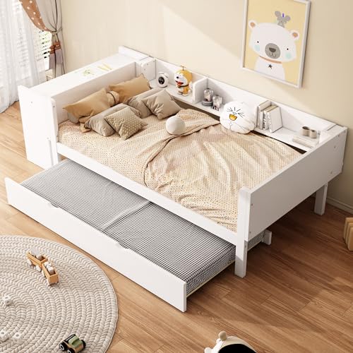 Rvjiahe Holzbett, mit Schreibtisch, mit Klappbett, Ausziehbett, Doppelbett (ohne Matratze), mit Regalen (Weiß, 90cm×200cm) von Rvjiahe