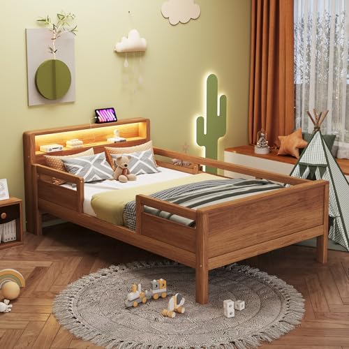Rvjiahe Holzbett 90 x 200 cm, USB- und Tape-C-Kombi-Steckdose, kleine LED-Leuchte, Kopfteil mit Ablagefunktion, Kinderbett, Einzelbett, Multifunktionsbett,Kiefernholz (Holzfarbe) von Rvjiahe
