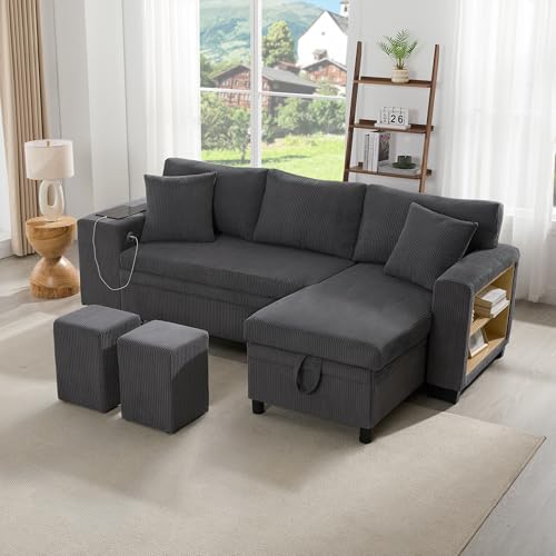 Rvjiahe Klappsofa mit Schlaffunktion, L-förmiges umbaubares Ecksofa mit USB-Ladeanschluss und Kissen, 3-Sitzer-Umbausofa mit Seitenablagen und Stauraum (Gray, 231Lx131.5Wx84H cm （3 Seat）) von Rvjiahe