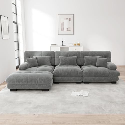 Rvjiahe Luxuriöses Modulares Ecksofa - Übergroßes L-förmiges Cloud Couch für Wohnzimmer, Tiefes Schlafsofa mit Ottoman, Cord (Grau+Sitz) von Rvjiahe