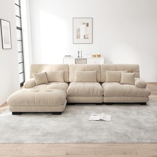 Rvjiahe Luxuriöses Modulares Ecksofa - Übergroßes L-förmiges Cloud Couch für Wohnzimmer, Tiefes Schlafsofa mit Ottoman, Cord (Hellbraun+3Sitz) von Rvjiahe