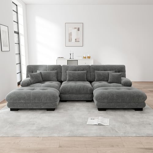 Rvjiahe Luxuriöses Modulares Ecksofa - Übergroßes U-förmiges Cloud Couch für Wohnzimmer, Tiefensitz Verwandelbares Schlafsofa mit Ottoman (Grau+3Sitz) von Rvjiahe