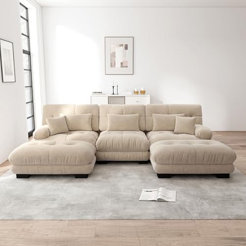 Rvjiahe Luxuriöses Modulares Ecksofa - Übergroßes U-förmiges Cloud Couch für Wohnzimmer, Tiefensitz Verwandelbares Schlafsofa mit Ottoman (Hellbraun+3Sitz) von Rvjiahe
