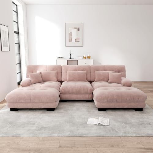 Rvjiahe Luxuriöses Modulares Ecksofa - Übergroßes U-förmiges Cloud Couch für Wohnzimmer, Tiefensitz Verwandelbares Schlafsofa mit Ottoman (Rosa+3Sitz) von Rvjiahe