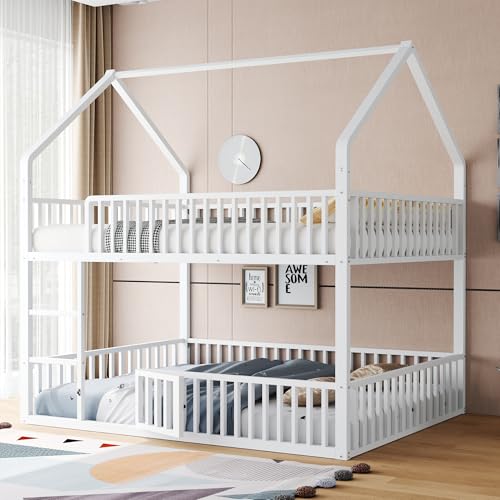 Rvjiahe Metall-Hochbett 140 x 200 cm, Mit Stauraumleiter, Fenster, Holzplatten und Netzgewebe, Einzigartige Erhöhte Umzäunung, Ablagefläche Am Bett, Stabiler Metallrahmen, Schwarz (Weiß, 140 x 200cm) Rvjiahe Metall-Hochbett 140 x 200 cm, Mit Stauraumleiter, Fenster, Holzplatten und Netzgewebe, Einzigartige Erhöhte Umzäunung, Ablagefläche Am Bett, Stabiler Metallrahmen, Schwarz (Weiß, 140 x 200cm) von Rvjiahe