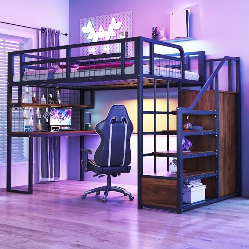 Rvjiahe Metall-Hochbett 140 x 200 cm Mit Aufbewahrungsleiter und Einfachem Kleiderschrank, Mit Ablage, Tisch und Netzregal. Stabiler Metallrahmen, Hochbett (Schwarz) von Rvjiahe