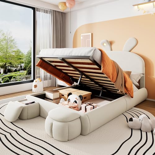 Rvjiahe Polsterbett, Doppelbett, hydraulisches Bett, Hasenohren mit Einstellbarer Helligkeit warmfarbenen Lichtstreifen, Stauraum unter dem Bett, Zwei Aufbewahrungshockern, Samt (Beige, 140x200cm) von Rvjiahe