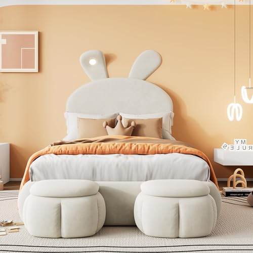 Rvjiahe Polsterbett, Einzelbett, Hasenohren mit Einstellbarer Helligkeit warmfarbenen Lichtstreifen, mit Zwei Aufbewahrungshockern, Kinderbett mit Holzlatten, Samt, Beige, 90x200cm (Beige, 90x200cm) von Rvjiahe