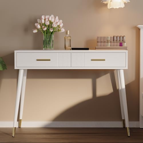 Rvjiahe Schminktisch, Frisiertisch,Schreibtisch mit 2 Schubladen, Metallfüße, weiß, Maße: H 76 cm × B 100 cm × T 40 cm(ohne Spiegel) von Rvjiahe
