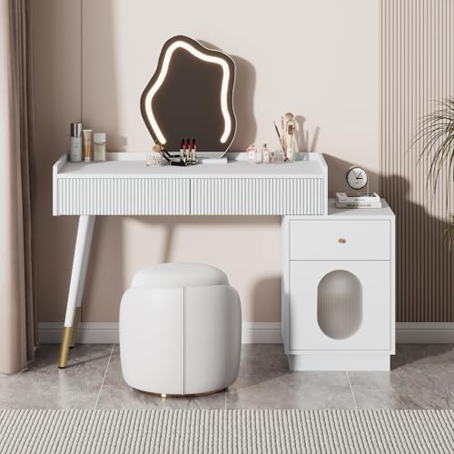 Rvjiahe Schminktisch mit LED-Spiegel und Beleuchtung - Weißes Schminktisch-Set für Schlafzimmer mit DREI geräumigen Schubladen und Einer Tür - Maße: B100/H75/T40 cm(ohne Hocker) von Rvjiahe