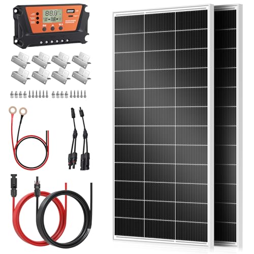 Rvpozwer 400w Monokristalline Solarmodule Kit,2×200 Watt Solarpanele mit 30A MPPT Solarladeregler,5m Solarkabel,Z-Befestigungsklammern ideal für netzunabhängige 12 Volt PV modul (Weiß) von Rvpozwer