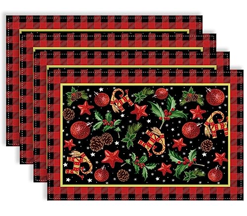 Linen Yule Tischsets Set mit 4 heidnischen Weihnachtstischmatten skandinavischer Stroh Ziege Julbock Mistelzweig Weihnachtsdekoration und Zubehör für den Heimtisch - 30,5 x 45,7 cm von Rvsticty