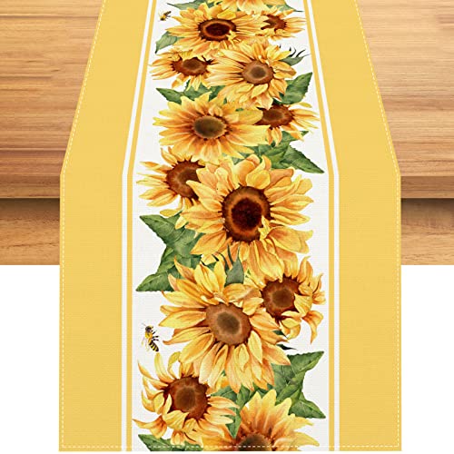 Rvsticty Leinen Aquarell Sonnenblume Tischläufer Frühling Blume Tischdecke Frühling Bauernhaus Sonnenblume Dekorationen und Zubehör für Zuhause Küche Tisch - 33 x 183 cm von Rvsticty