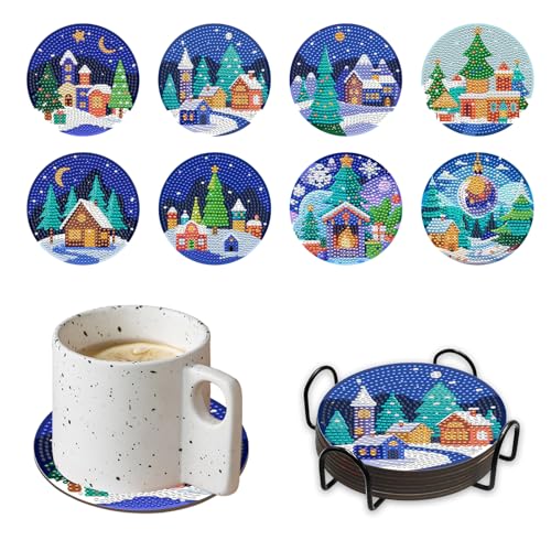 8 Stück Diamond Painting Untersetzer mit Halterung – DIY Diamant-Tassenuntersetzer für Cocktails, Bastelset für Anfänger, Erwachsene & 6-12-Jährige, tolles Geschenk für Kinder & Erwachsene (Winter) von Rwbimti