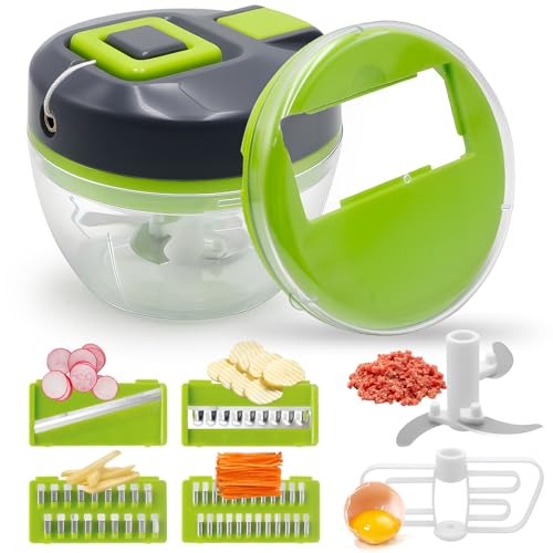 Zwiebelschneider 6-in-1 Manuell mit Seilzug – Multifunktions-Gemüseschneider, Universalhacker für Babynahrung, Kartoffeln, Zwiebeln, Knoblauch, Gemüse & Obst (Multizerkleinerer, Blitzhacker) von Rwbimti