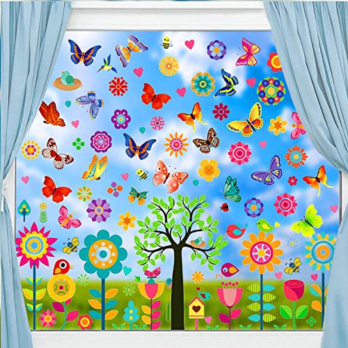 100Stk Fensterbilder Frühling Selbstklebend Fensterbilder Kinder Kinderzimmer Schmetterlinge Fenstersticker Blumen Fensterdeko Anti-Kollision Deko Fensterfolie Fensterbild von Rwekdza