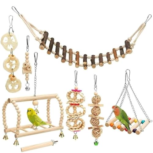 Papageienspielzeug, 8pcs/Set Holzplattenspielzeug, Schwung/Kauen/Stehbar Hängematte/Kletterleiter Cockatiel -Spielzeug, hängende Vogelkäfig -Accessoires Vogel für Sittiche von Rwigeboo