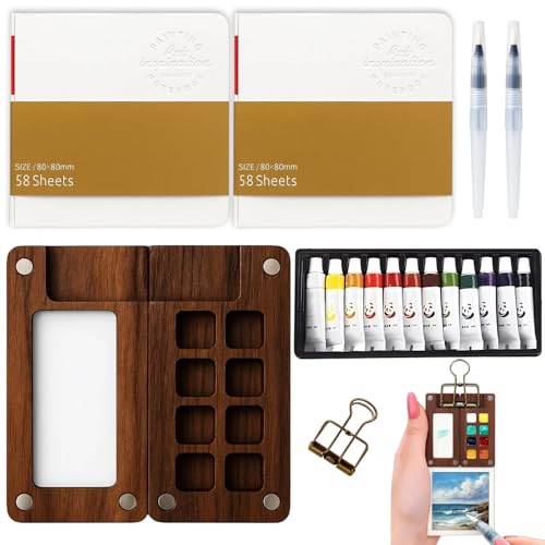 Mini Aquarell Set, Pocket Aquarell Set für Unterwegs, 18-teiliges Aquarell Reiseset mit 8-Gitter-Palette, 12 Farben, 2 Skizzenbüchern und 2 Stiften, Ideal für Kunststudenten und Reisekünstler Mini Aquarell Set, Pocket Aquarell Set für Unterwegs, 18-teiliges Aquarell Reiseset mit 8-Gitter-Palette, 12 Farben, 2 Skizzenbüchern und 2 Stiften, Ideal für Kunststudenten und Reisekünstler von RxaGtn