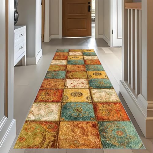 RxueSug Teppich Läufer Flur Lang rutschfest Küchenteppich Waschbar Langer Teppich Läufer 50 x 60 cm Vintage Flurläufer Korridor Teppichläufer Lang für im Wohnzimmer Küche Schlafzimmer von RxueSug