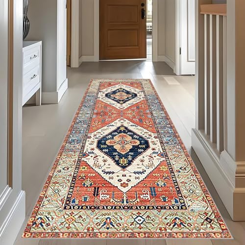 RxueSug Teppich Läufer Flur Lang rutschfest Küchenteppich Waschbar Langer Teppich Läufer 70 x 400 cm Vintage Flurläufer Korridor Teppichläufer Lang für im Wohnzimmer Küche Schlafzimmer von RxueSug