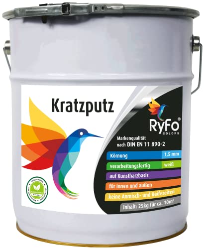 RyFo Colors Kratzputz 1,5mm 25kg - Fassadenputz, Oberputz, Edelputz, Strukturputz, Fertigputz weiß für innen und außen, witterungsbeständig, weitere Körnungen und Optiken wählbar von RyFo Colors