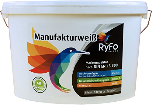 RyFo Colors Manufakturweiß 10l (Größe wählbar) - unsere beste Profi Wandfarbe, sehr ergiebige zertifizierte Innen-Dispersion, Innenfarbe weiß, hoher Weißgrad, Deckkraft Klasse 1, Nassabrieb Klasse 1 von RyFo Colors