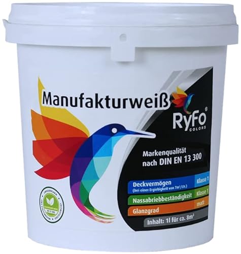 RyFo Colors Manufakturweiß 1l (Größe wählbar) - unsere beste Profi Wandfarbe, sehr ergiebige zertifizierte Innen-Dispersion, Innenfarbe weiß, hoher Weißgrad, Deckkraft Klasse 1, Nassabrieb Klasse 1 von RyFo Colors
