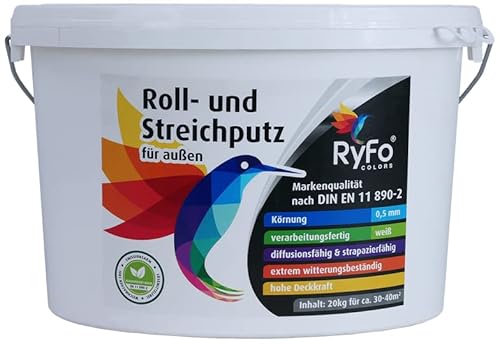 RyFo Colors Roll- und Streichputz für außen 20kg (Größe wählbar) - Rollputz für den Außenbereich und Fassaden, strahlendes weiß mit edler feinkörniger Struktur, einfachste Verarbeitung von RyFo Colors