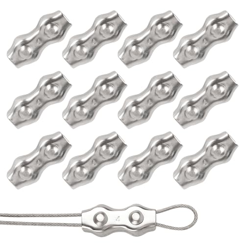 Rybtd Duplex Klemme 12 Stück Seilklemme 304 Edelstahl Drahtseile Clip，M4 Seilklemmen Drahtseilklemme 4mm für Wäscheleine, Spanner, Markise, feste temporäre Zäune, Windenseile von Rybtd