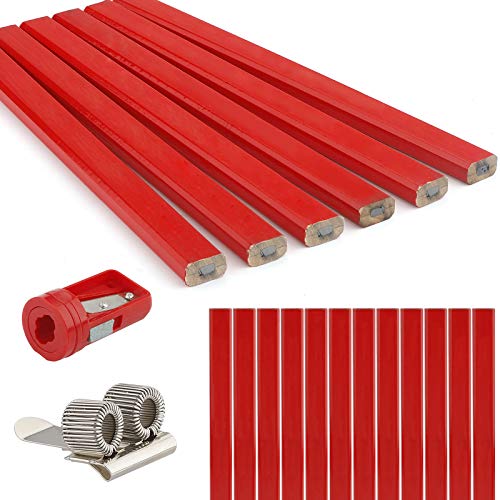 Rybtd Zimmermannsbleistifte Rot 20 Stück Bleistift Baustelle 177MM Baubleistifte Hart Zimmermann Baustift mit Bleistiftanspitzer und Stifthalter Clips von Rybtd