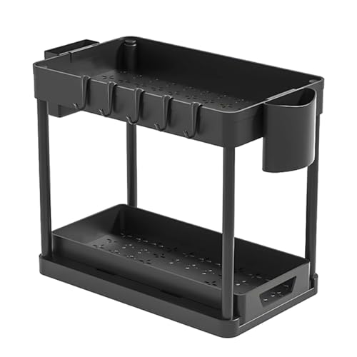 Küchen Organizer, 2 Etagen Standregal Küche Arbeitsplatte Regal Organizer, Küchenregal Gewürzregal Unterschrankregal, Schiebeschublade Unter Waschbecken Regal, für Badezimmer Küche (Schwarz) von Rylae