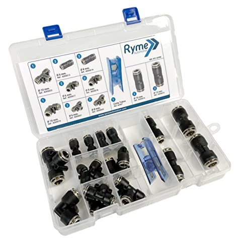 17-teiliges Kunststoff- und Metall-Verbindungsstück, gerade, Ellbogen und T-Schlauchverbinder, Schnellsteckverbinder, Druckluftschlauch mit Rohrschneider von Ryme Automotive