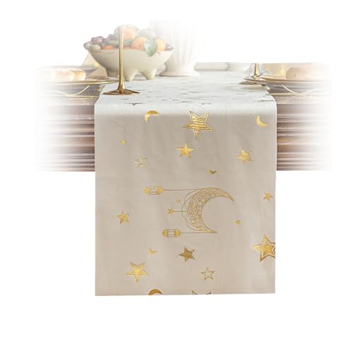 RynoPulse Ramadan Tischläufer, Ramadan Mubarak Tischläufer, Weiß und Gold Eid Tischdecke, festliche Partydekoration für den Innenbereich von RynoPulse