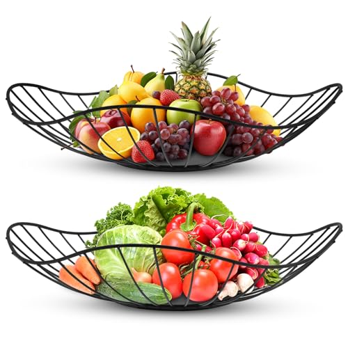 Rynvarl 2er Set Obstkörbe Metall Schwarz – Moderne Drahtkörbe für Obst & Gemüse, Deko Fruchtkorb für Küche & Esstisch, Belüftete Früchtekörbe in Ovaler Form von Rynvarl