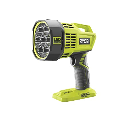 Ryobi 5133003372 Akku-Punktstrahler, Lampe Strahler für mittlere bis weite Distanzen (600m), Langlebige LED mit hellem, 2 Leuchtstufen, 2500 Lumen, Hybrid-Betrieb mit 12V Anschluss /Akku von Ryobi